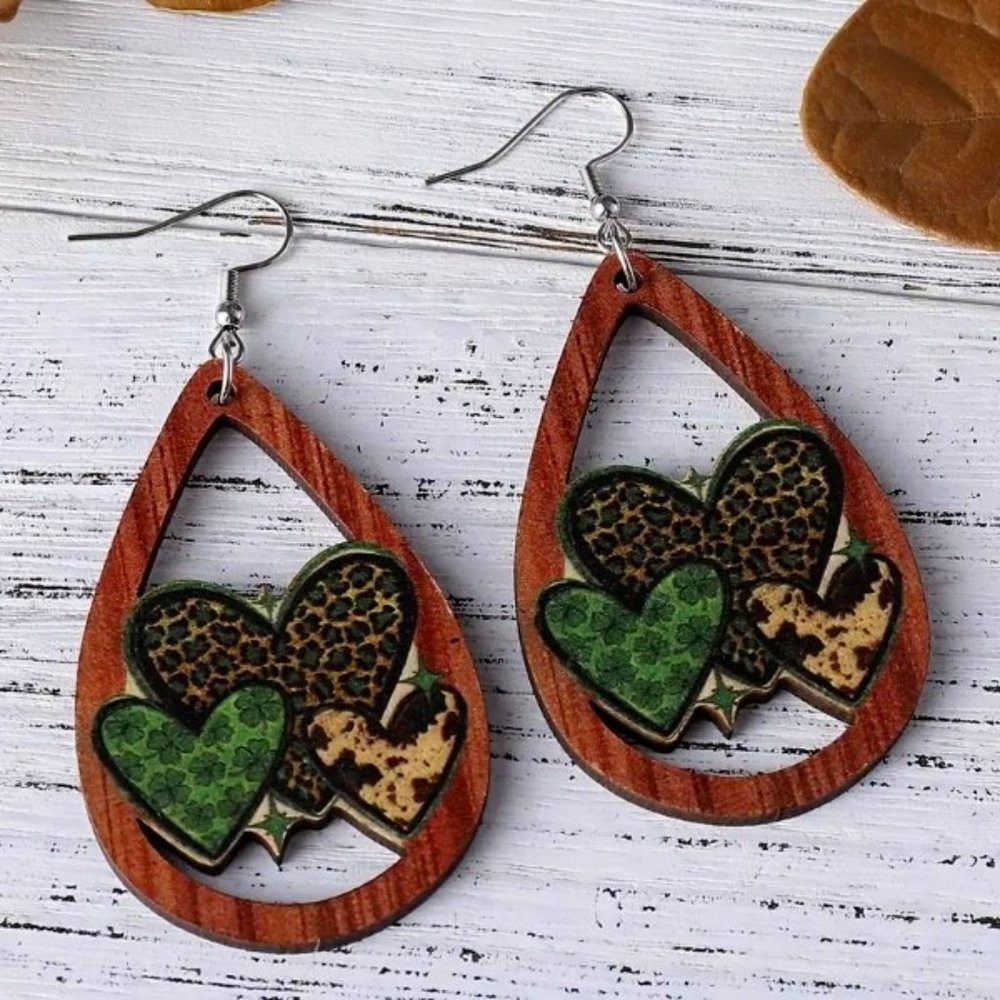 Wooden Triple Heart Double-sided Teardrop Earrings‎ NWT